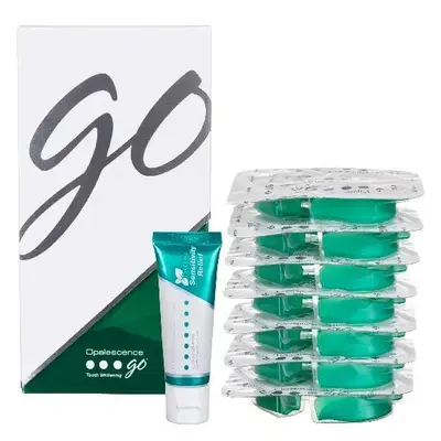 Opalescence Go 15% Hydrogen Peroxide Teeth Whitening Bundle - (7 Treatments) Prefilled Whitening Trays & Travel Sensitive Whitening Toothpaste 1 Oz - Mint