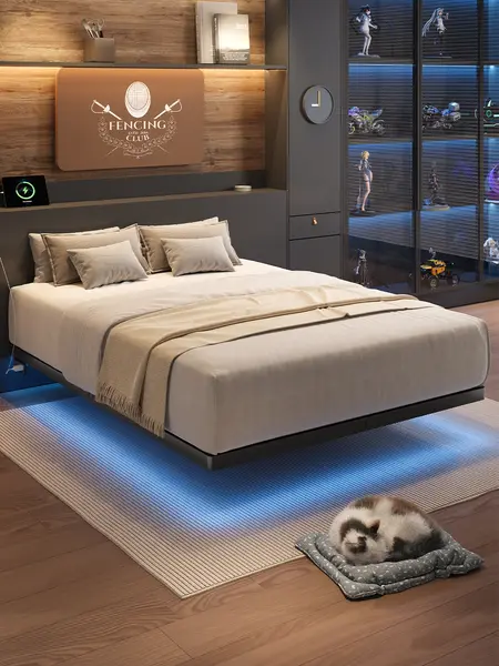 【SohoChic】ONBRILL LED Floating Bed Frame, Full/Twin/Queen/King Bed Frame with Power Outlet, Heavy Duty Metal Platform Bed Frame, Camas Queen, Easy Assembly, No Box Spring Needed, Noise-Free, Bedroom Furniture