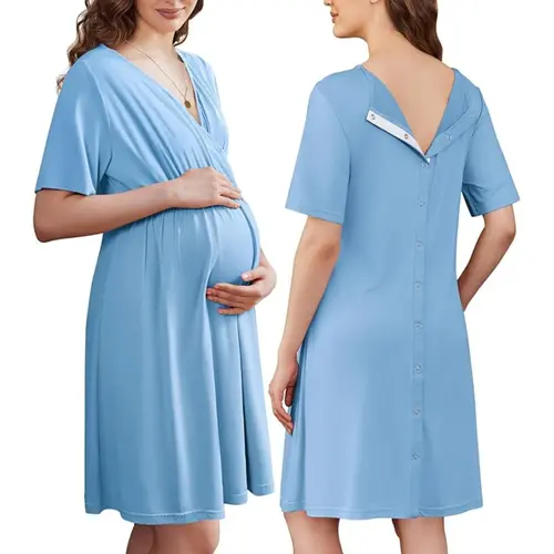 Ekouaer Women's Maternity Clothing, Stretchy V-Neck Labor and Delivery Gown for Pregnancy with Nursing Access and Split Front, Postpartum, Women's Clothes, Momlife, Dress, Polyester Blend, Ready For Birth, Hospital, Elastic Waist Adapts To You, Button Bac