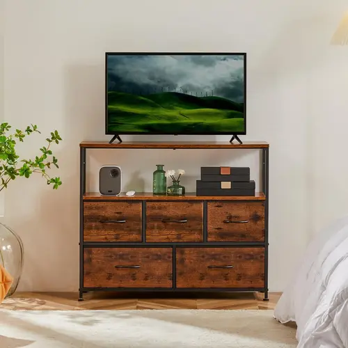 Sweetcrispy Modern Wood TV Stand - Furniture with 5 Fabric Drawers, Open Storage Shelf Wood TV Console, Bedroom Furniture for Corridor Placement