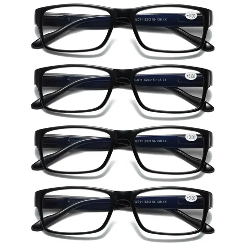 High Quality Eyewear Blue Light Glasses for Male, 4-Pack Full-Rim Rectangular Black Frames with Spring Hinges & Flexible Temple, +3.00 Power PC UV-Protection Lenses, Unisex Shared Use Style
