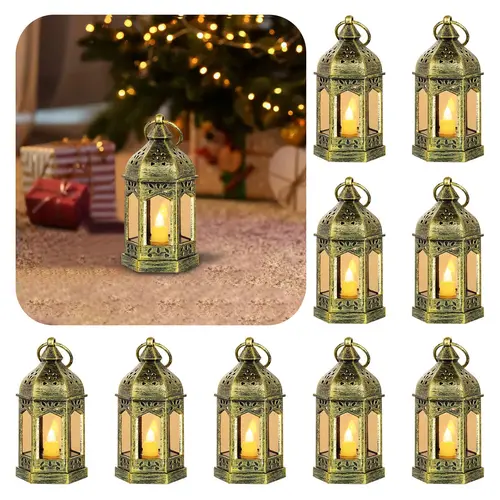 10-Pack Mini Decorative Candle Lanterns - Home Accessories Ornaments Candle Stand, Casual Flameless LED Lights, Portable Hanging Vintage Centerpieces, Batteries Included, Wedding Gift, Indoor Outdoor Decor, Hanging Decor,sohochic