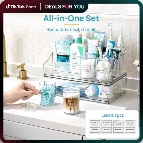 Vtopmart 6 PCS Bathroom Countertop Organizer, 1 Divided Tray with 4 Qtip Holder Jars and 1 Drawers, Restroom Clear Organizers for Toothbrush, Cotton Pads, Vanity Accessories Storage Set, DealsForYouDays (Mid Year Sale Restock), Home Decor, DFYD