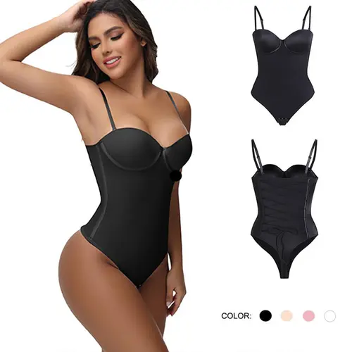 JOSHINE Shapewear Corset - Women's Large Cup 1-Piece Bodysuit, Waist Cincher, Backless Strapless Back-Tie Sleeveless Pleated Stretch Top, Body Slimming Minimalist Underwear Basic Blk
