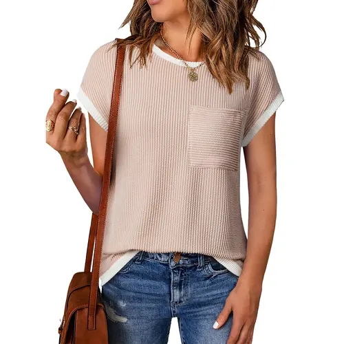 EVALESS Women's Casual T Shirts Crewneck Short Sleeve Color Block Ribbed Knitwear Slim Fitted Blouses Tops 2026 Trendy Minimalist Womenswear Summer Outfits Summervibes  Deals For You Days