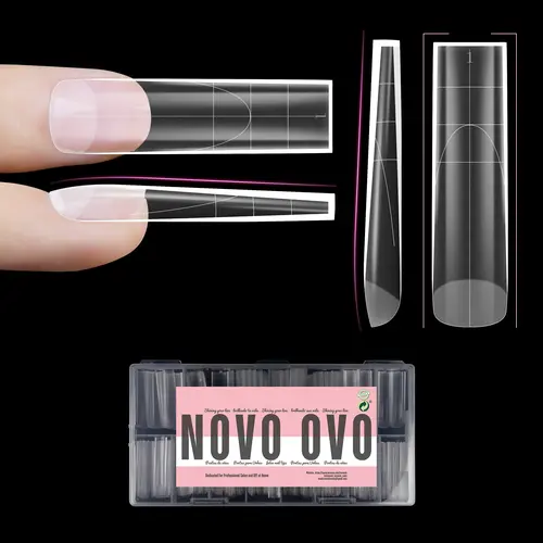 NOVO OVO XXL Sharp Square Natural Non-Sculpted Full Coverage Press on Nail Set, Extra Thick Soft Gel Extension Acrylic Supplies Kit (240pc, 15 Sizes) with XL/L/M French Tip Auxiliary Line for Gel Nails at Home Manicure,sohochic