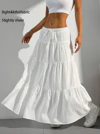 Women's Plain Color Decorative Tie Waist Ruffle Hem Half Skirt, Long-Fitting Cake Skirt, Sweet Style, Unlined, Batch Number 18002, Summer