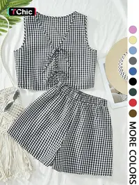2-piece plaid striped sleeveless crop top vest and high-waisted loose shorts women's casual suit, Summer Matching Sets