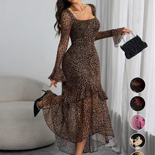 Women's Leopard Print Ruffle Trim Fitted Milkmaid Dress, Elegant Fashion Casual Square Neck Long Sleeve Flared Dress for Ladies, Suitable for Daily Outdoor Wear and All Seasons, Brooklyn Dress Leopard Dream