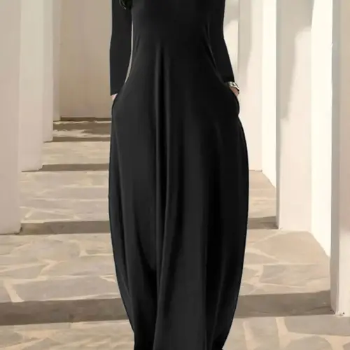 Women's Long Nightgown, Coffee Leopard Print, Round Neck Long Sleeve Pocket Sleepwear, Soft Comfortable All-Season Minimalist Everyday Casual Loungewear