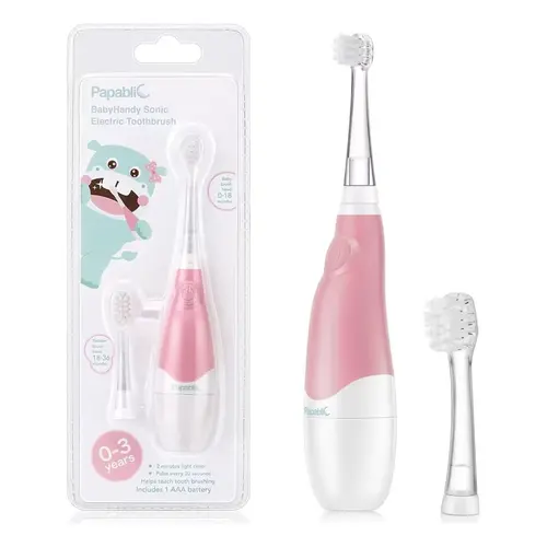 Papablic Baby Electric Toothbrush 0-3 Years, 2-in-1 Auto Brush with FDA Silicone , Dentist Approved for Toddler Teeth Care, Stop Bedtime Fights, Toothbrush Head, Battery Toothbrush, Gift, Soft Toothbrush