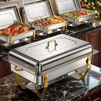WARMOUNTS 9QT Dual-Tone Finish Gold Rectangular Chafing Dishes (Full-Size/Multi-Size), Thermal, Collapsible Frame, Mirror-Polished Stainless Steel, Rolled Rim, Mix Pans, Maintains Food Temp, Dishwasher Safe, 2/4/6 Packs, Bakew,sohochic
