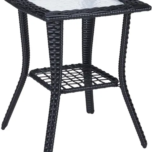 VINGLI Square Outdoor Side Table - 18" x 18" Rattan Weave Wicker Table with Tempered Glass Top, Lower Shelf Storage for Balcony, Porch
