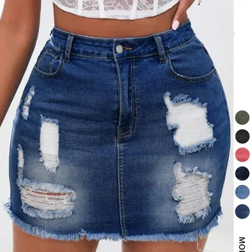 Women's Distressed Button-Fly Denim Skirt, Casual Ripped Mini Skirt for Daily Wear, Ladies Bottoms for Summer, Womenswear