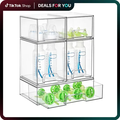 【Nursery Station】Vtopmart 5/8 Pack Stackable Nursery Bottle Station, Clear Plastic Organizer Bins for Beauty Supplies Vanity Bathroom Cabinet Pantry, Multi-Size Flexible Design, BPA-Free Safe, Multifunctional, Water Proof