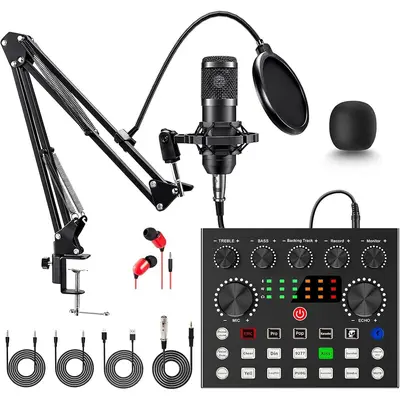 Zealsound Professional Podcast Equipment Bundle - BM800 Condenser Microphone Kit with V8S Voice Changer, Windows Compatible, USB Type-C, ligtning Adapter, Streaming Equipment for Live Streaming, Singing, PC/Mobile Laptop/Tablets Use, Youtube,
