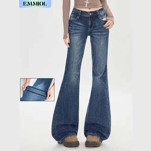 EMMIOL【Buy 4 Save 50】Women’s Y2K Vintage Denim Flare Jeans – Stretch Wide Leg Mid-Low Waist Casual Bootcut Jeans Outfit For Trendy Streetwear Curvy Bootcut Jeans for Women, Mid-Rise Insta Stretch Denim, Size-Inclusive Jeans Western Cowboy Jeans