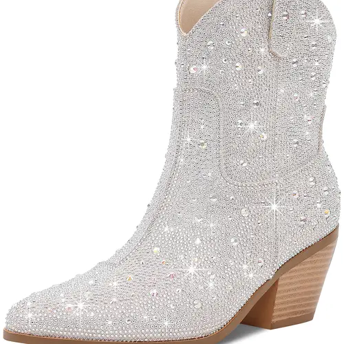 RONILURN Women's Cowgirl Ankle Booties - Rhinestone Sparkly Glitter, Chunky Heel Adds Height with Attitude, Cowgirl and Outlaw Style, Comfortable, Side Zipper, Trendy Footwear Shoe,sohochic