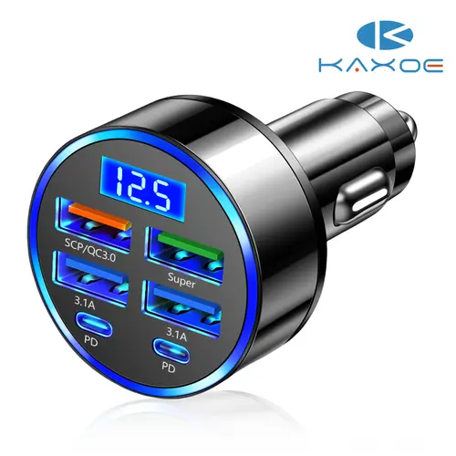 RDRKR Vehicle Charger, 6-Port Cigarette Lighter USB Adapter with LED Digital Display, 4USB + 2 PD Ports, Fast Charging Solution for Android/iPhone/Tablets, Outdoor Compatible Adapters, Cars
