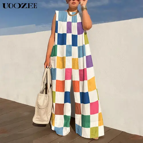 UOOZEE Women's Chic Loose Easy-Fit Sleeveless Plaid Overalls Pants - 80% Dacron Linen-Cotton Blend, Zip Closure, Classic, Lightweight, Colorful, Accessories-Compatible, Machine-Washable, Comfortable Everyday Casual Outfits Women Bottoms