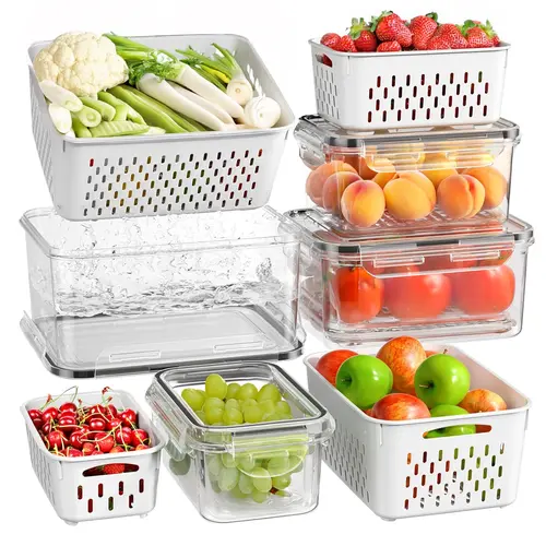 4 PCS Multi-Size Durable Fruit Storage Containers - Stackable Storage Bins for Fridge Organization, Refrigerator Accessories, Kitchen Gadgets, 0.3-3.15 Qt, Removable Drain-Away Basket, Locking Buckles, Leak-Proof Seal, Dishwasher Safe (White)