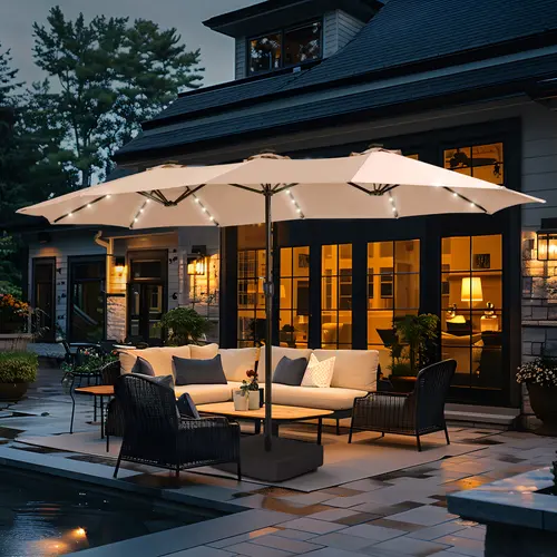 [8 Color] PHI VILLA 15 ft Double-Sided Outdoor Umbrella with Crank, Steel Pole, 100% Polyester Fabric, Durable Base Included, Iron Ribs Patio Stand Modern Design