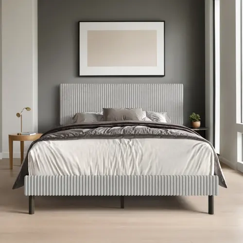 Favorer Osceola Corduroy Upholstery Bed Frame - Sturdy 4-Leg Base, Channel Tufted Foam-Padded Headboard, Box Spring Ready, Multi-Size (Queen/Full), Assembly Required, Indoor Furniture Bedframes