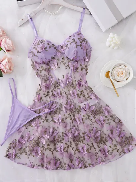 Women's Butterfly Embroidery Cami Spaghetti Strap Nightdress & Thong Sexy Feminine Lingerie Set Underwear, Comfy Breathable Fitted Elegant Nighty Dress Set, Ladies Soft Sleepwear for All Seasons, Womenswear, Chemise Nightgown