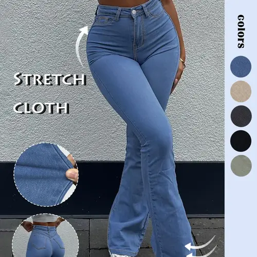 GILIPUR Women's Light Blue Washed High Waist Flare Jeans, Button Closure Slim Fit Butt Lifting High Stretch Bell Bottom Denim Pants, Casual Vintage Streetwear Daily Commute Outfits for Women TChic
