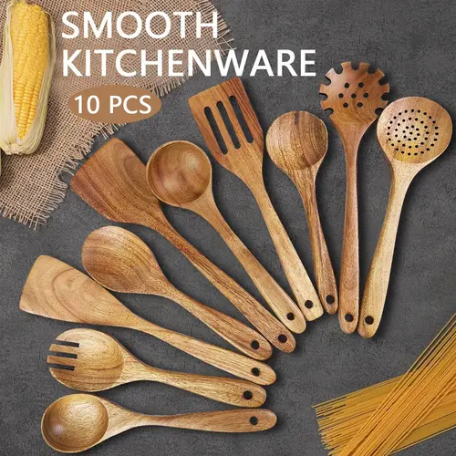 Premium Wooden Kitchen Utensils Bundle Set Spatulas & Turners (5-10Piece) - Ergonomic Handles, Natural Eco-Friendly, Heat-Resistant, Durable, Easy-to-Clean for Non-Stick Pans, Stirring, Pancake Flip Ease, Kitchen Decor