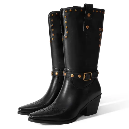 RONILURN Women's Cowboy Boots - Wide Mid-Calf, Square Toe, Chunky Low Heel, Distressed Studded Footwear for Riding, Motorcycle Biker Use - Western OOTD, Cowboy Aesthetic, Country Girl Aesthetic Shoe,sohochic