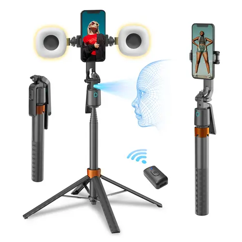 70" Auto Face Tracking Camera Tripod with 360° Rotation, 3 Light Modes, Gesture Control, Bluetooth Remote Control - Portable Selfie Accessory with Phone Holder, Stabilizing Mount for Smartphone, Cellphone, iPhone Video Recording, TikTok Live Streaming