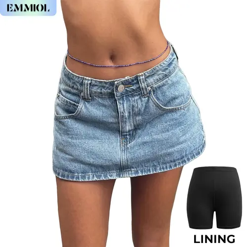 EMMIOL【Back to School】Low Waist Denim Skirt Skorts Mini Denim Shorts Bodycon Mini Jean Skirt Vintage Y2K Skirt for Women - Casual Style Regular Fit Above Knee Cotton Material Multi Belt Loops Chic Womenswear Machine Washable Summer vibes SohoChic