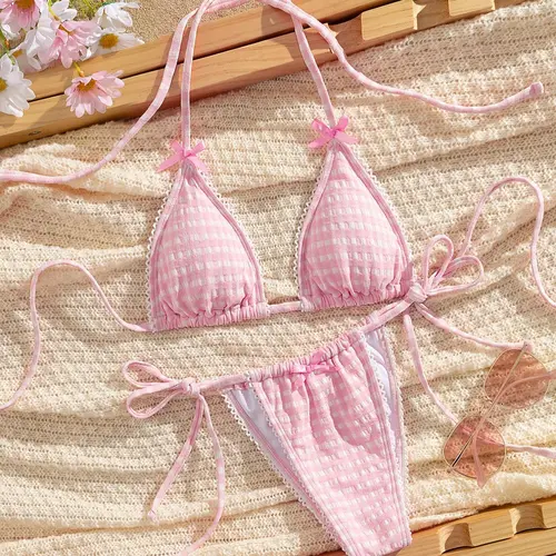 Two-piece Set Women's Bow Decor Tie Back Bikinis Set, Bathing Suit Bikini, Casual Fashion Chic Halter Bra & Panty Swimsuit Set, Ladies Swimwear for Beach Holiday Vacation, Style Bikini Set