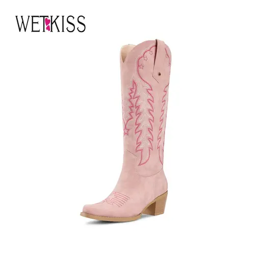 Wetkiss Cowboy Cowgirl Women Knee High  Boots Retro Embroidered Chunky Heels Pointed Toe Western Long Tall Boot Pull On Footwear Walking Shoes,Women's Shoes,Women's Boots  , #WeeklyDeals#sohochic