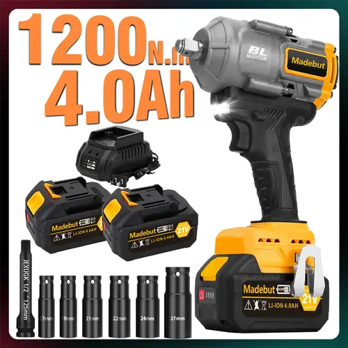 1200N.m Cordless Impact Wrench, 1/2" Brushless High Torque Impact Gun with 2×4.0Ah Batteries, Fast Charger & 6 Sockets
