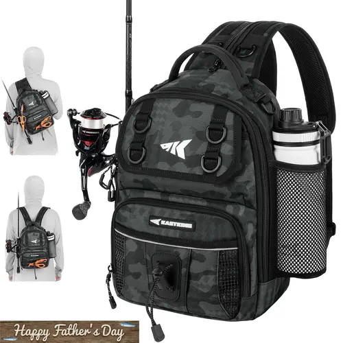 [Back to School Gift] KastKing BaitSpace Fishing Sling Bag, Water-resistant Fishing Backpack with Rod & Beverage Holder, Adjustable Straps, Tackle Storage Bag for Fishing Gear and Equipment SummerVibes