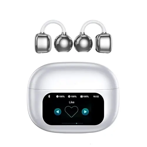 C02 Clip On Ear Headphones with LCD Full Color Touch Screen, Audio Wireless Headphones for Music & Phone Calls, Compatible with Android & iOS
