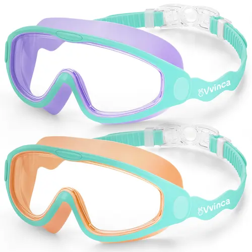 [BackToSchool] Vvinca Swim Goggles 2 Pcs for Ages 3-12+ Kids,Youth,UV Protection Anti-Fog Wide View Anti-Shattered Lens for Boys and Girls - Safety anti-uv swim glass anti-fog swimming goggles for Lake,Beach, Summer Party#tiktokshopsummersale, Sports Eyew