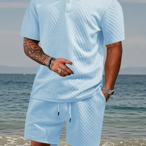 Please Purchase A Size Up. Men's Solid Casual Polo Shirt & Drawstring Waist Shorts Set with Pockets, Cozy Breathable Two-piece Outfits for Daily Outdoor Wear, Men Clothes for Summer.