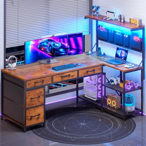 Sedeta 47-in Modern L-Shape Corner Gamer Desk - 120x45cm Shaped Desk for Dual Monitor/Streamer/Studio Setup, Rustic Office Furniture, Sturdy Base, Drawers, LED Lighting, Home Office Ideas