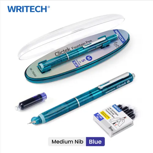 WRITECH Clictek Fountain Pen Set Retractable Style Blue Ink Medium Nib Transparent Barrel, Includes 5 Ink Cartridges for Gift Set Writing Tools Stationery Office Supplies