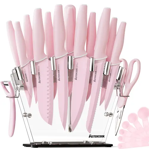 ASTERCOOK Kitchen Knife Set - High-Carbon Stainless Steel Sharp Serrated Steak Blades, Scissor & Storage Block with Perfect Balance for Precision Cutting & Slicing