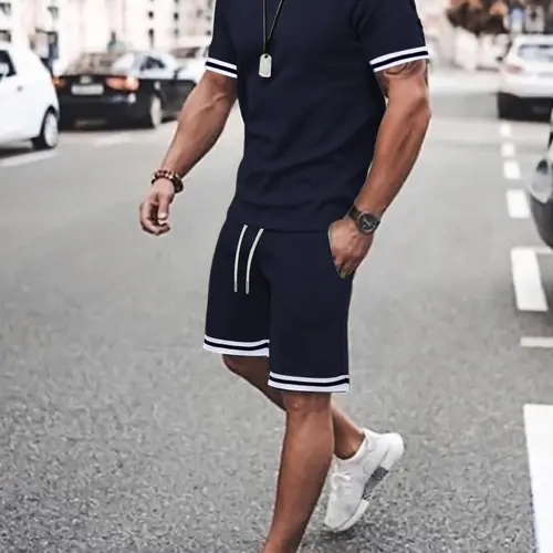 Men's Contrast Stitching Short Sleeve Tee & Drawstring Waist Shorts Two-piece Set, Casual Matching Sets, Regular Fit Casual Round Neck T-shirt & Pocket Shorts, Men's Summer Clothes, Menswear