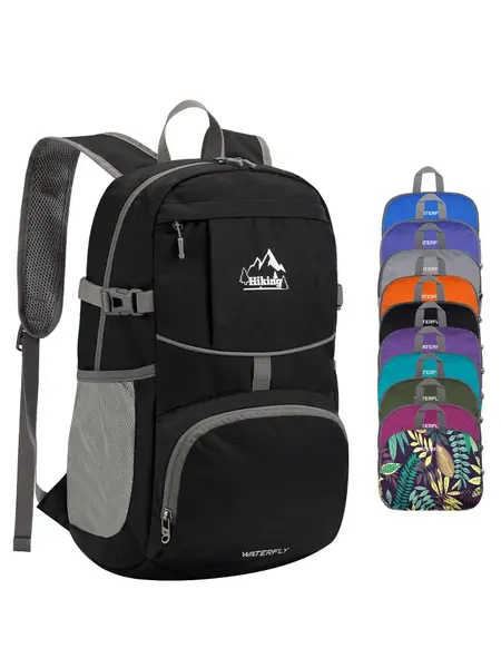 WATERFLY Unisex 25L Packable Hiking Backpack - Eco Nylon Planet-Kind Backpacking Gear, Built for Hiking Travel Cycling, Durable Outdoor Bag with Reflective Pattern, 2 Mesh Side Pockets, Adjustable Straps, Whistle Safety