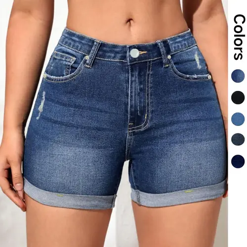 Women's Ripped Pocket Dark Wash Button Denim Shorts, Casual Stretchy Fit Denim Shorts for Daily Wear, Ladies Bottoms for Summer, Elastic Shorts, Casual Jean Shorts, Womenswear