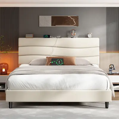 【Teen's First Bed】Raybee Modern & Quiet Luxury Queen Size bed frame,Upholstered with Adjustable Headboard【Frame ONLY,No Box Spring Needed】Sturdy Frame Platform Bed & Noise-Free, Storage bed & Built-in Charging Station, Easy Assembly #Back to school season