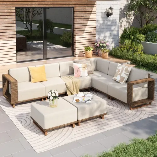 PHIVILLA Catalina Modern L/U-Shaped Patio Modular Sectional Rattan Sofa Set 10" Thick Waterproof Cushions, Assembly Required, Outdoor Garden Use,Home Decor,Summer Sales