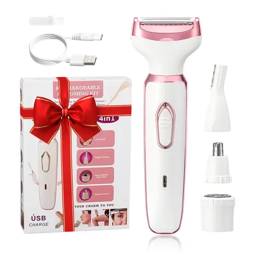 4-in-1 Comfortable Pink Electric Shaver for Women - Body Hair Removal Epilator with Nose, Armpit Grooming, Eyebrow Length Trim, Face & Pubic Area Care - Mother's Day Gift