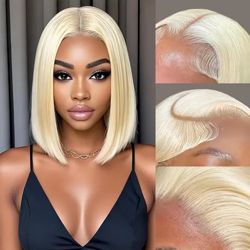 Women's Imani 613 Bleached Blonde 10in Human Hair Lace Front Bob Wig, 13X4 Pre-Plucked with Baby Hair, 180% Density Full and Thick Natural Medium Cap Size Wig,sohochic